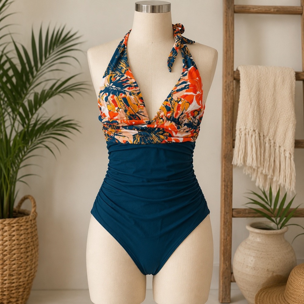 Tropical Palm Leaf Halter Ruched One Piece Swimsuit Teal Orange Summer Sz M